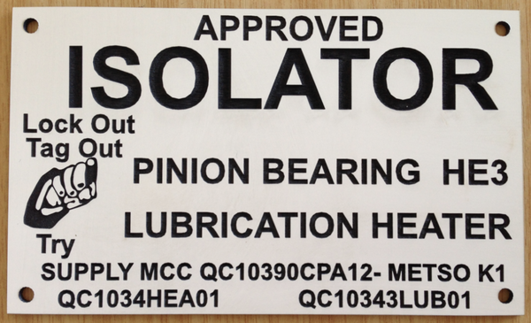 Acrylic (Trafolite) labels for electrical switch boards.
